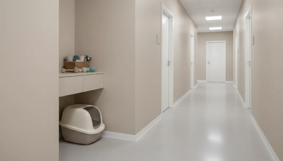 Clean neutral hallway with discreet pet items organized for home showings Clean neutral hallway with discreet pet items organized for home showings