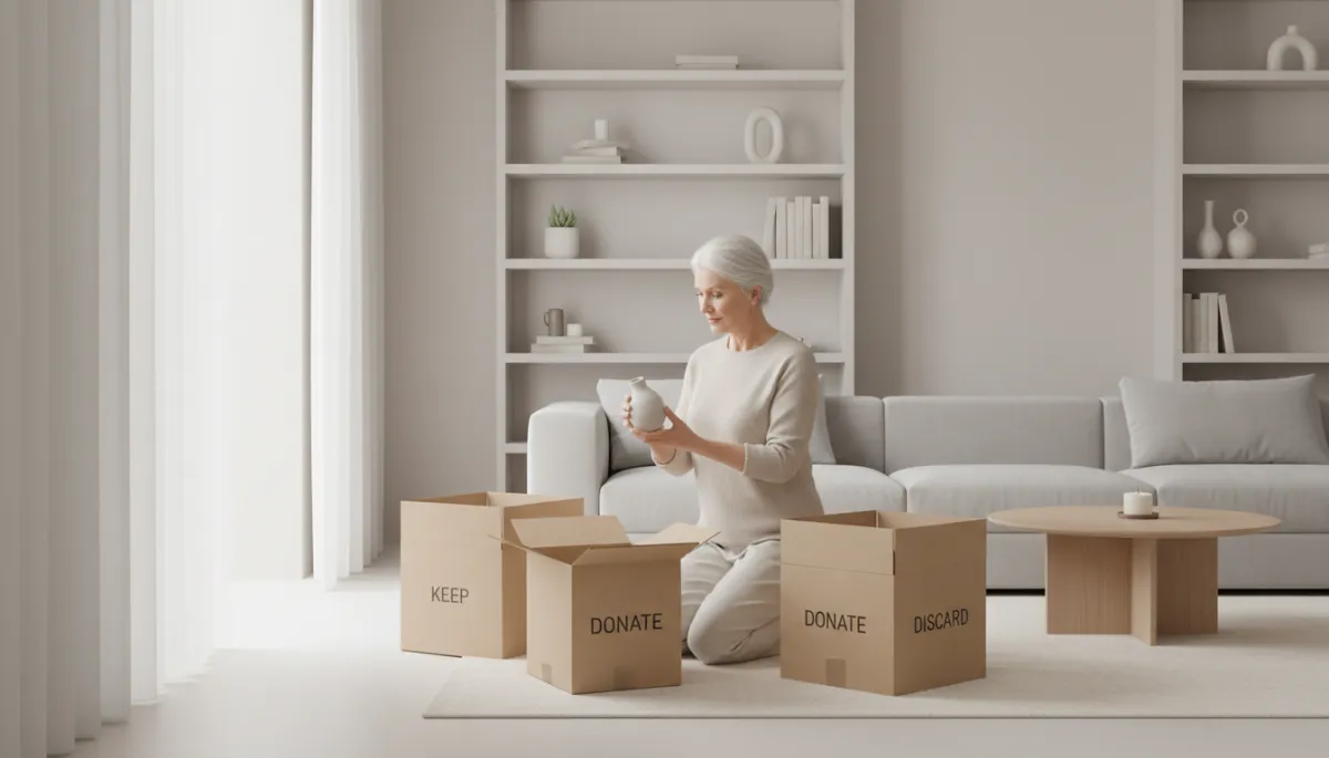 Woman organizing and decluttering belongings in preparation for a smaller home