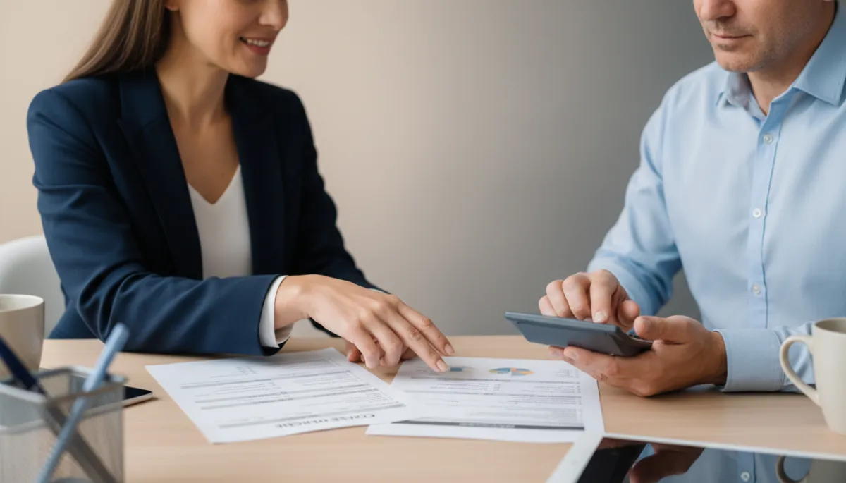 Real estate agent and homebuyer reviewing closing disclosure together Real estate agent and homebuyer reviewing closing disclosure together