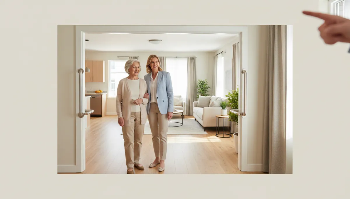 Senior viewing an accessible apartment with a family member