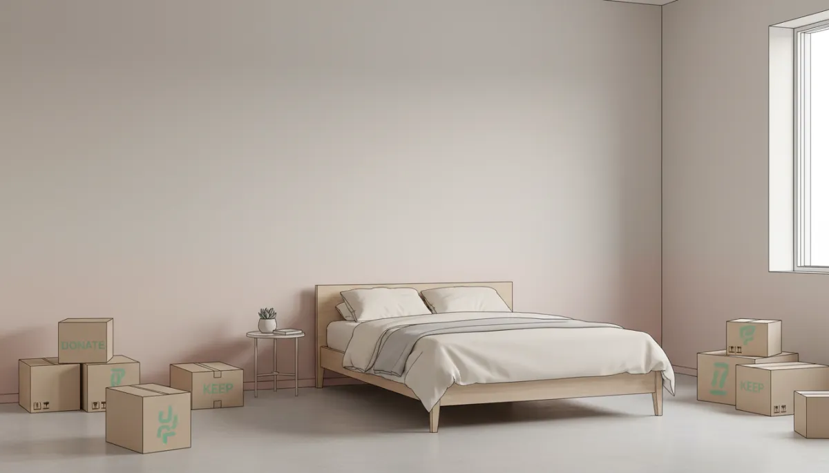 Partially cleared bedroom in an inherited home with labeled boxes