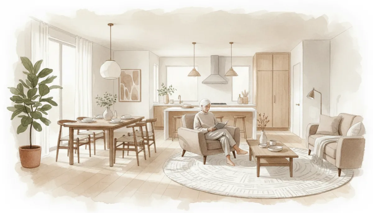 Open-plan single-story living space with kitchen, dining, and lounge areas on one level