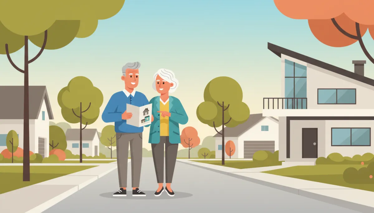 Retired couple walking through a peaceful neighborhood discussing homes
