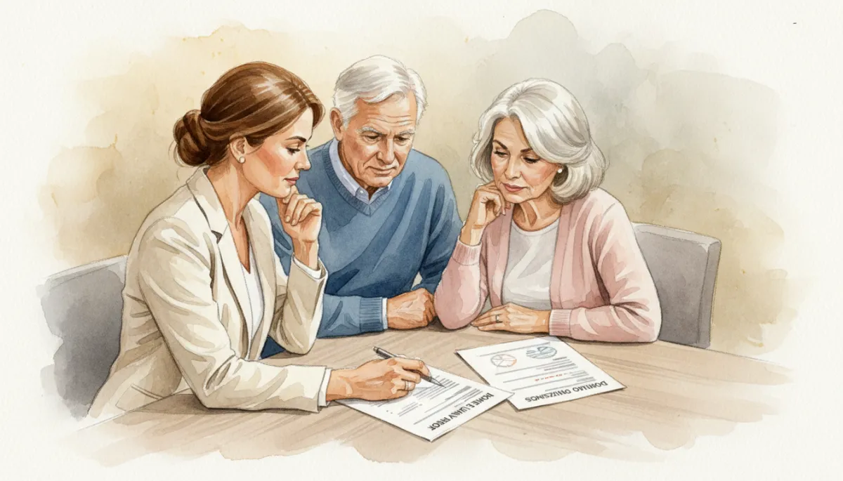Real estate agent and senior couple reviewing home value and downsizing options