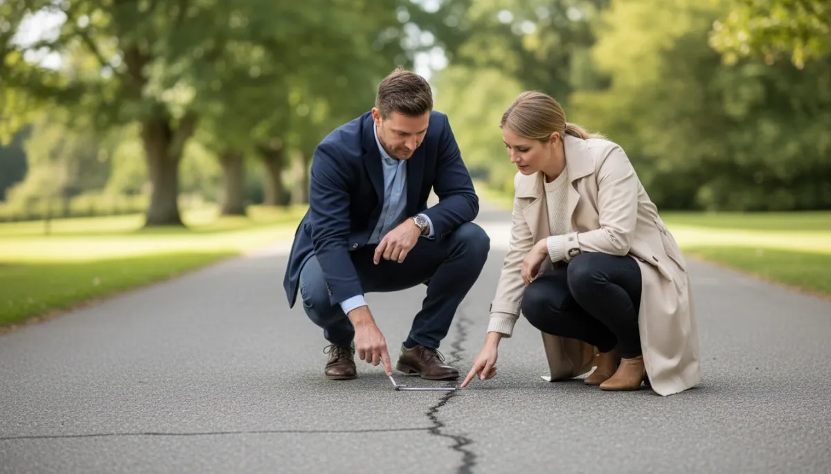 Contractor and homeowner inspecting a private road surface Contractor and homeowner inspecting a private road surface