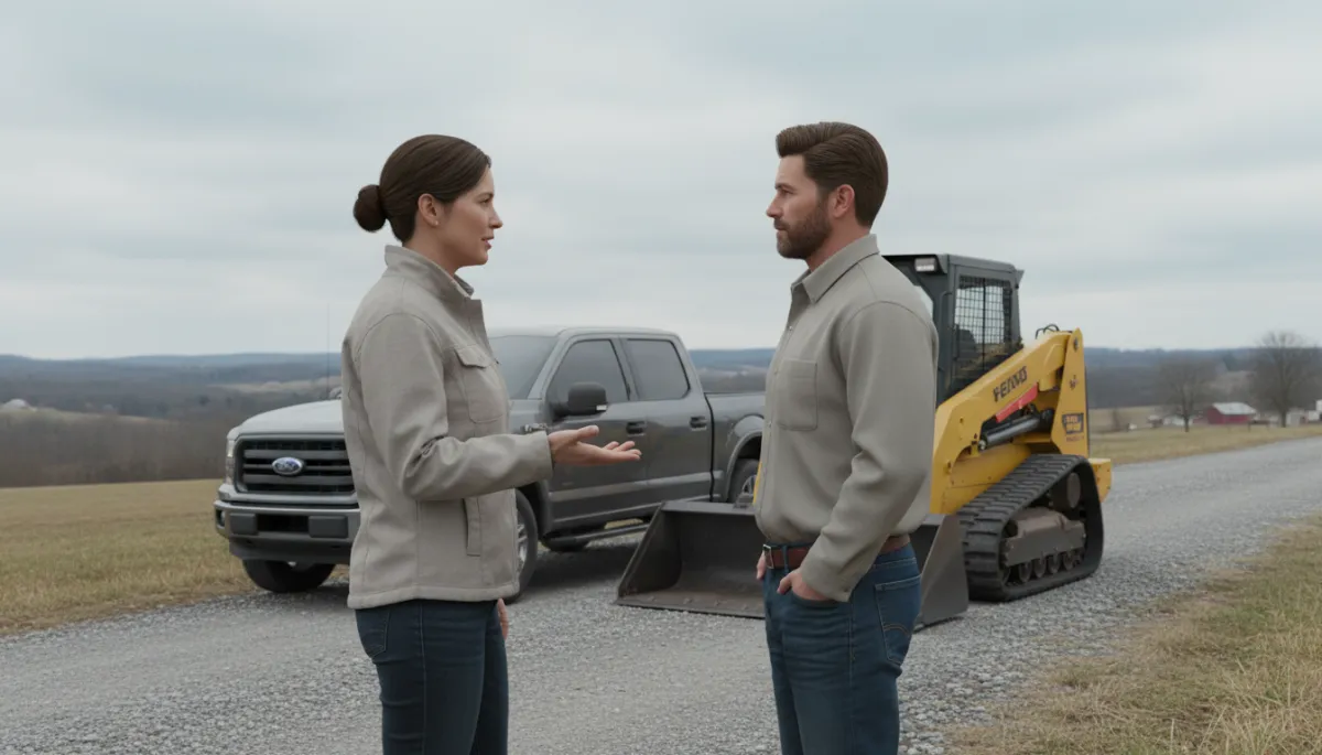 Neighbors discussing upkeep of a gravel private road in rural Missouri