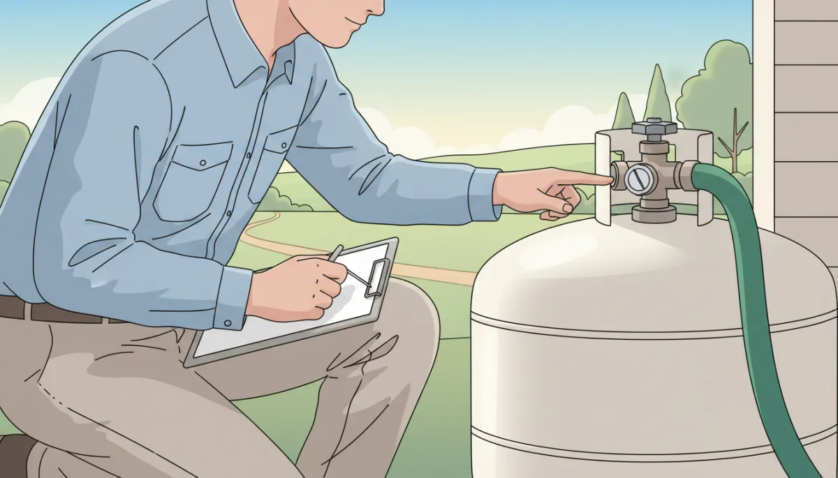 Technician inspecting a rural home's propane tank and fittings Technician inspecting a rural home's propane tank and fittings