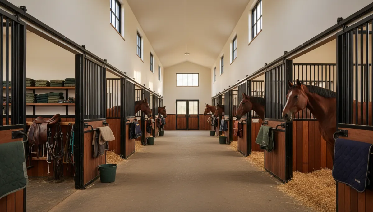 Interior of a well-maintained horse barn with stalls and tack area Interior of a well-maintained horse barn with stalls and tack area