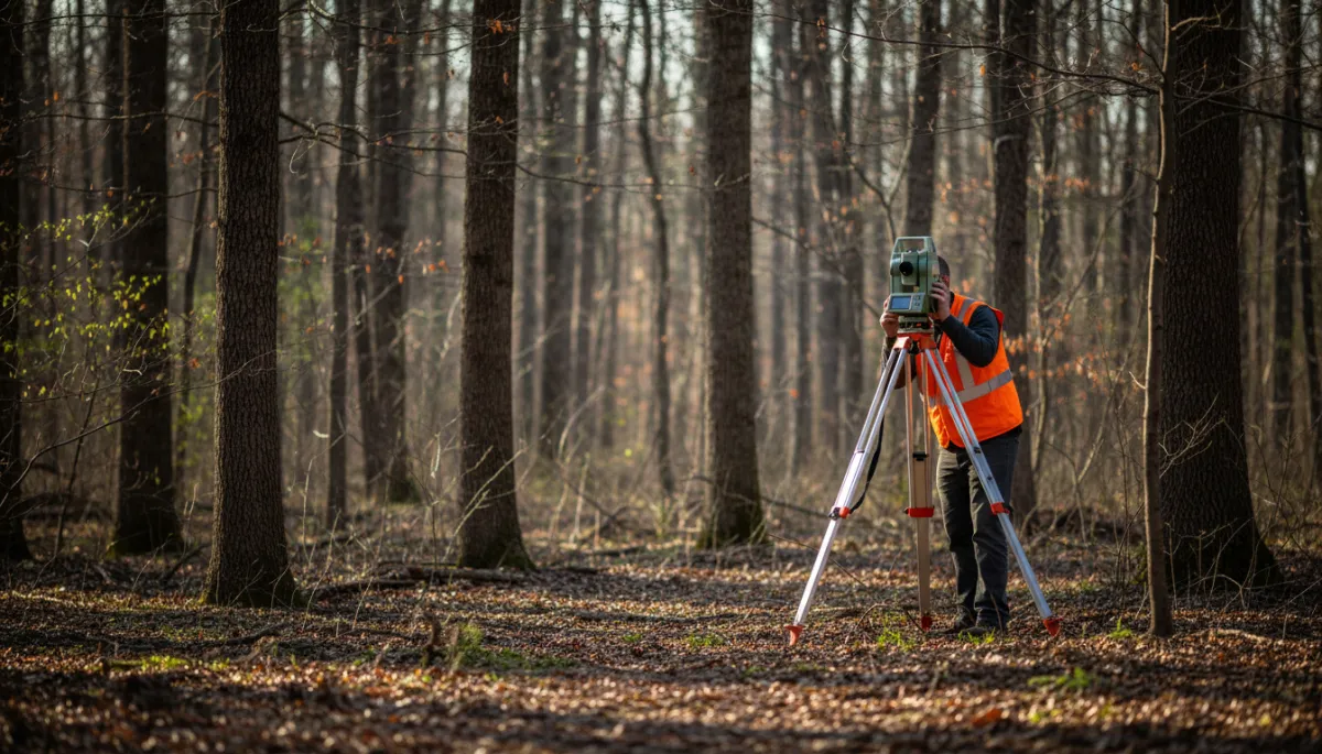 Surveyor evaluating wooded property in Warren County