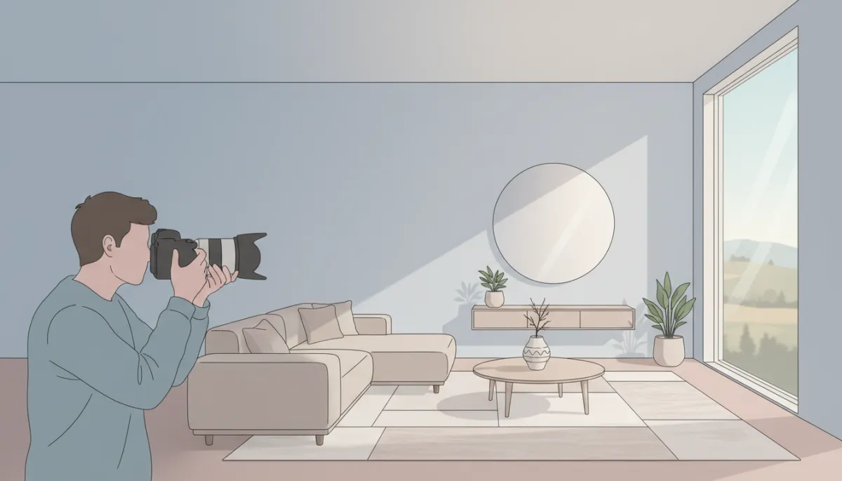 Professionally staged neutral living room being photographed for a real estate listing