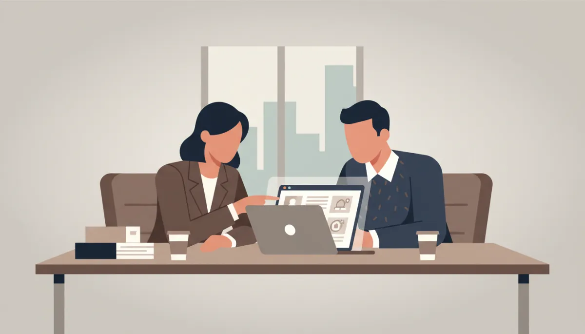Real estate agents reviewing confidential off-market property information on a laptop