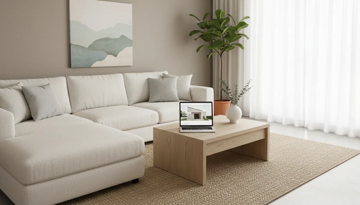 Homebuyer reviewing a coming soon real estate listing on a laptop in a living room