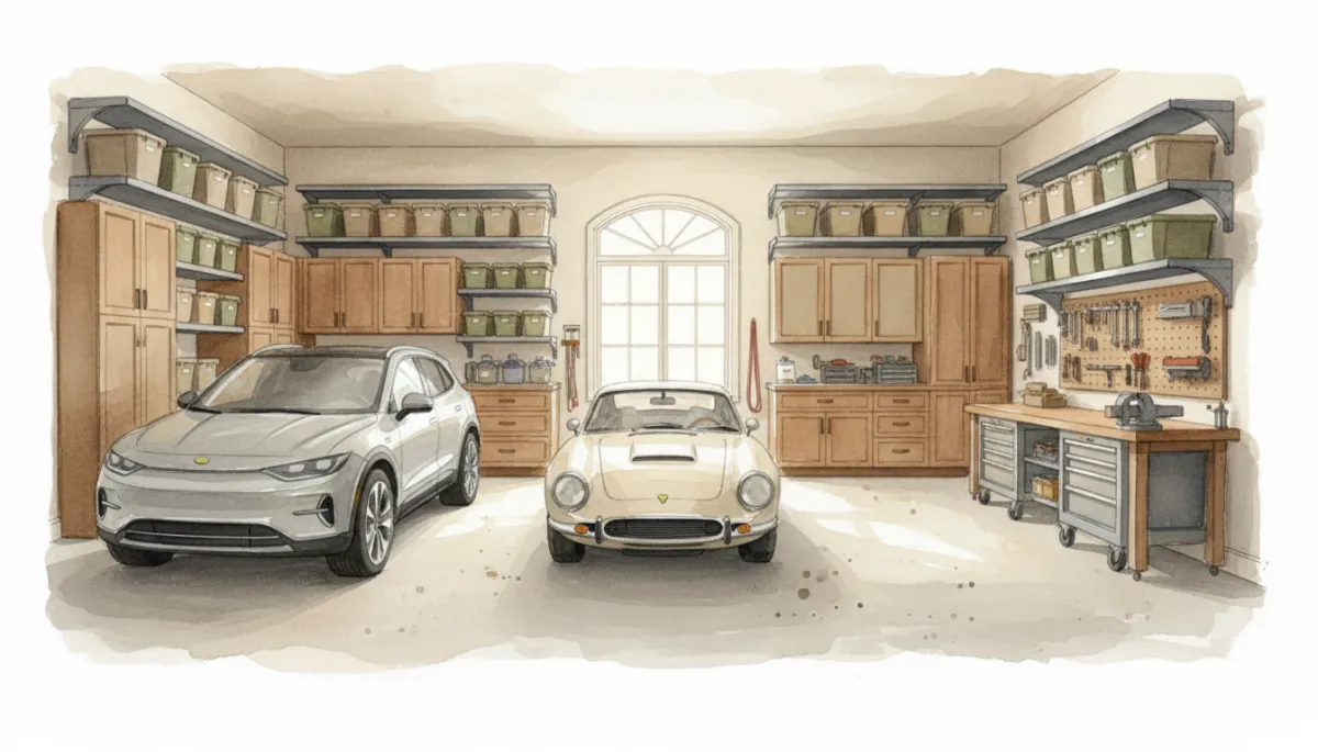 Organized three-car garage with storage and workspace