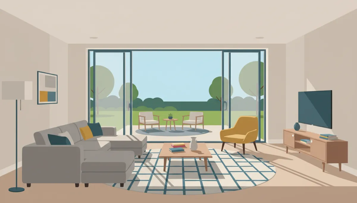 Bright walkout basement family room opening to a backyard patio