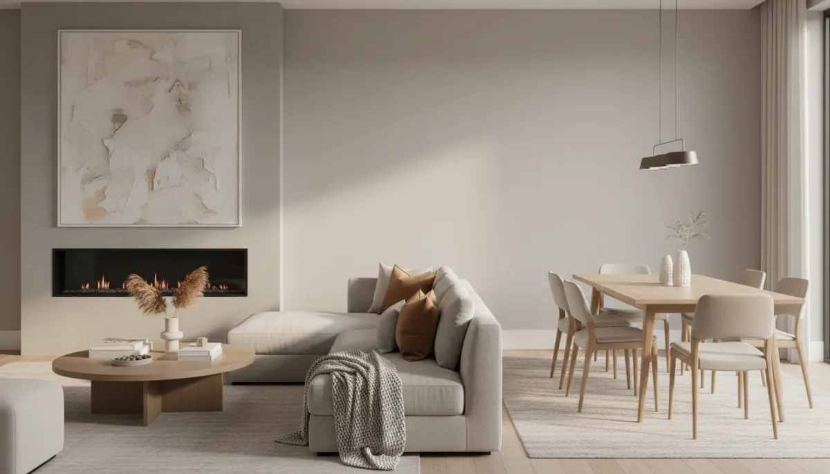 Open-concept living space with a built-in gas fireplace as a design feature Open-concept living space with a built-in gas fireplace as a design feature