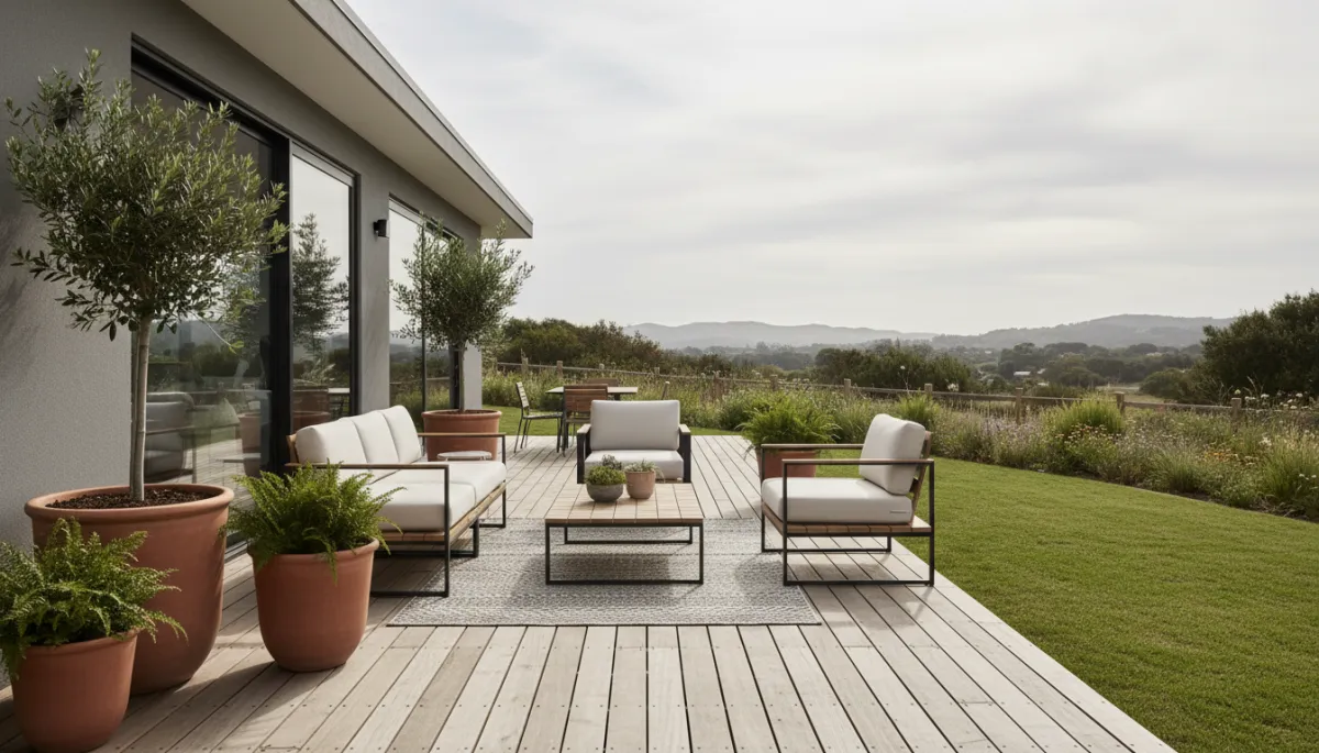 Well-proportioned backyard deck with seating area and modest lawn