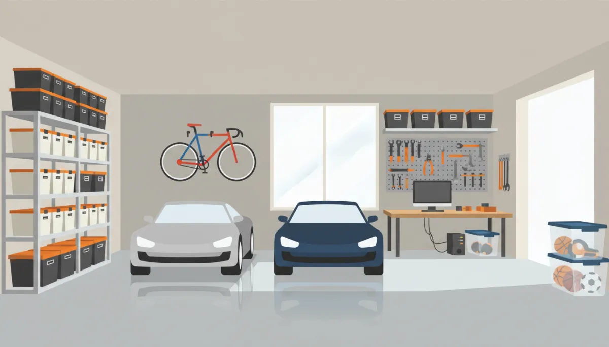 Organized neutral-toned garage interior with storage and parked car Organized neutral-toned garage interior with storage and parked car
