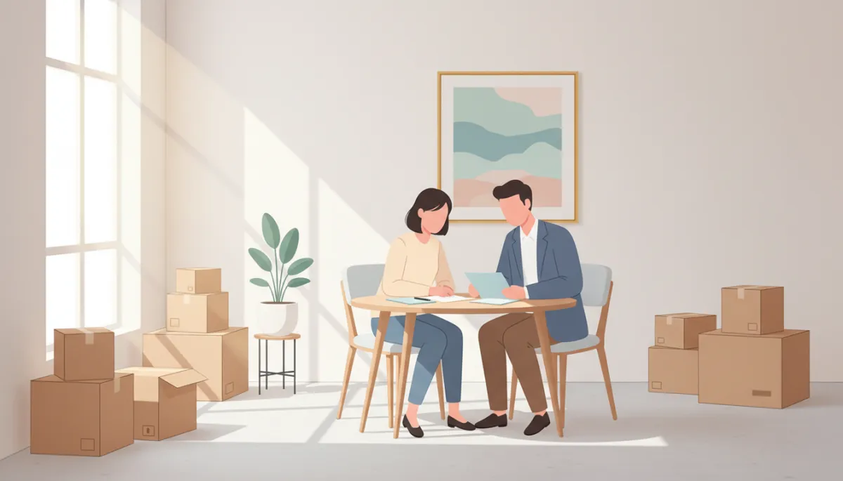 Homeowner and real estate agent discussing options with moving boxes nearby Homeowner and real estate agent discussing options with moving boxes nearby