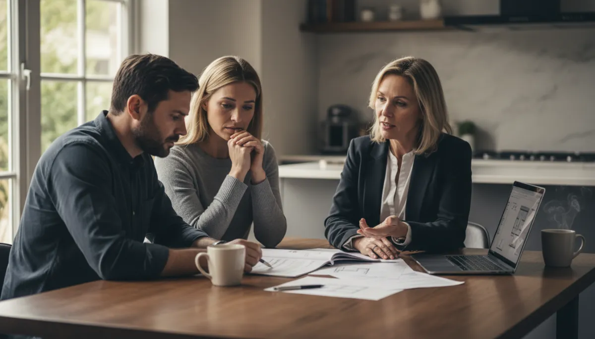 Concerned buyers reviewing a home inspection report with their agent Concerned buyers reviewing a home inspection report with their agent