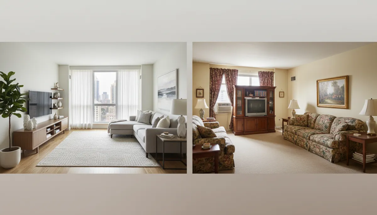 Comparison of a renovated living room and an outdated living room Comparison of a renovated living room and an outdated living room