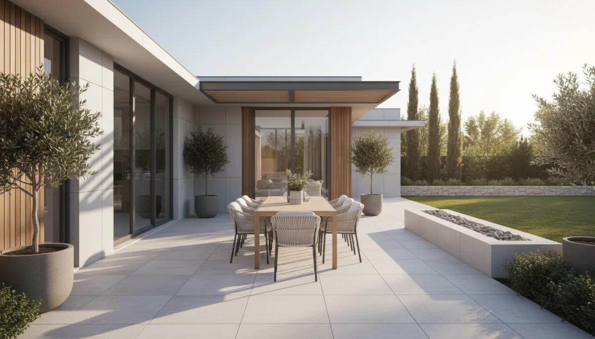 Modern family home with a sunlit backyard and outdoor seating area Modern family home with a sunlit backyard and outdoor seating area