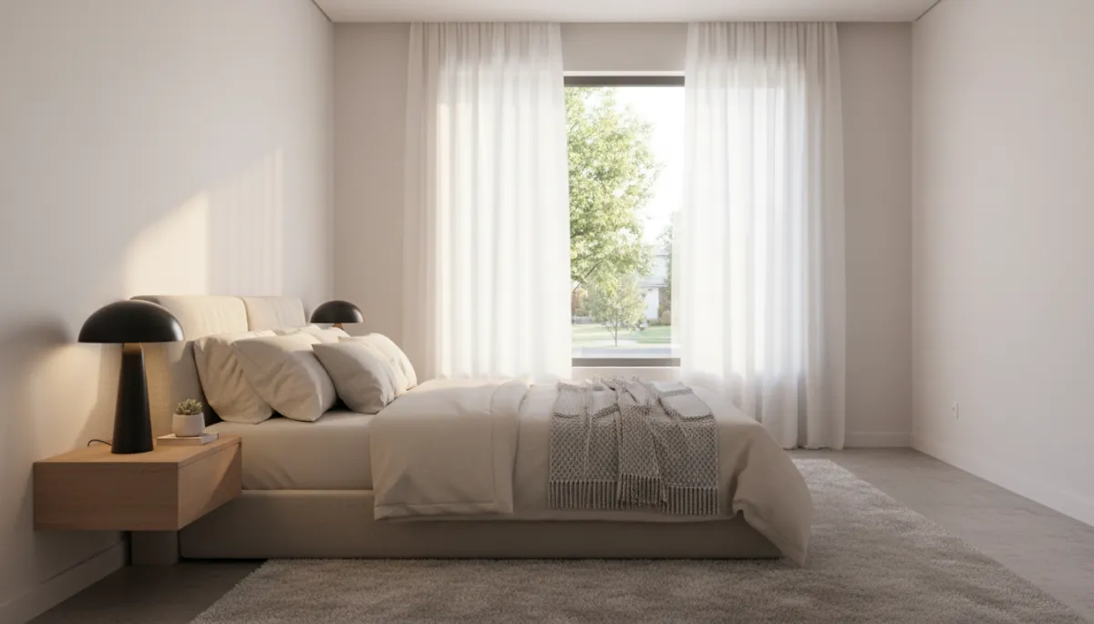 Bedroom with large window overlooking a tree-lined residential street Bedroom with large window overlooking a tree-lined residential street