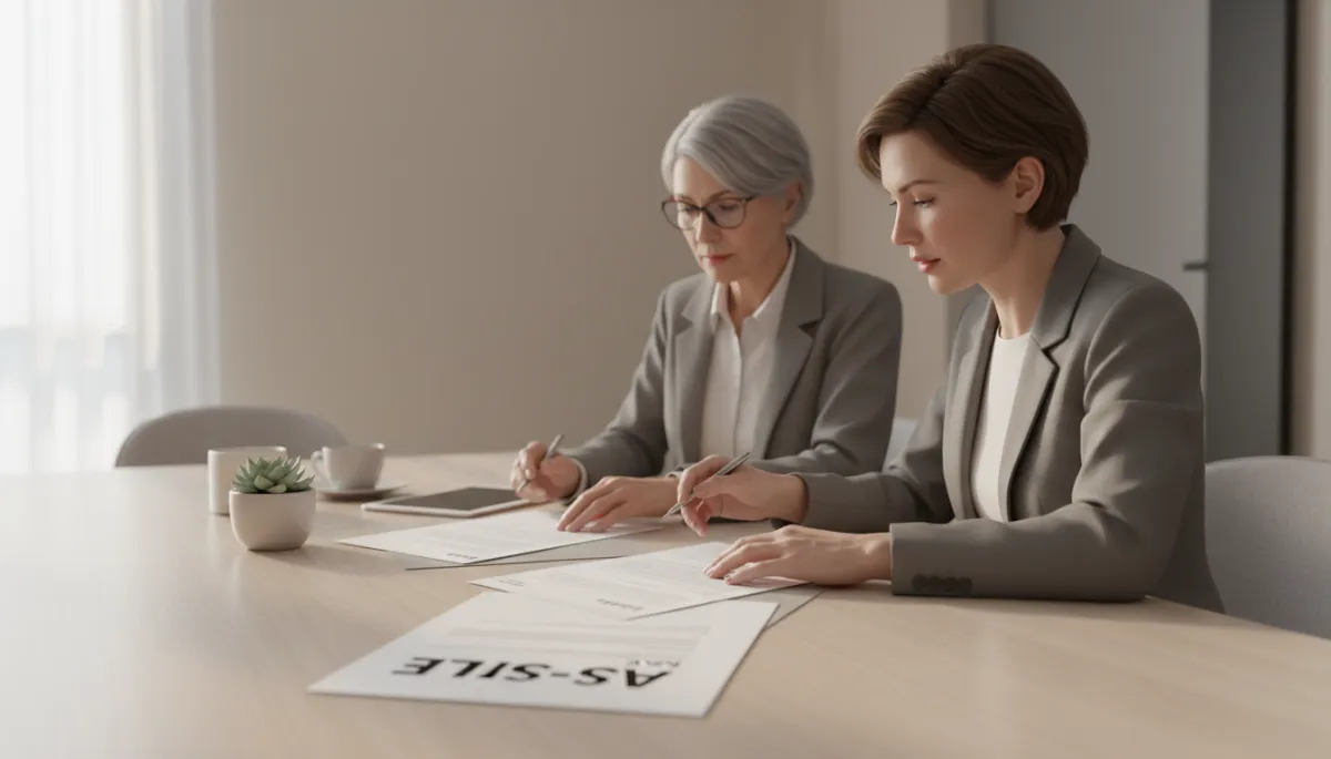 Executor and real estate agent reviewing an as-is sale contract for an inherited house Executor and real estate agent reviewing an as-is sale contract for an inherited house