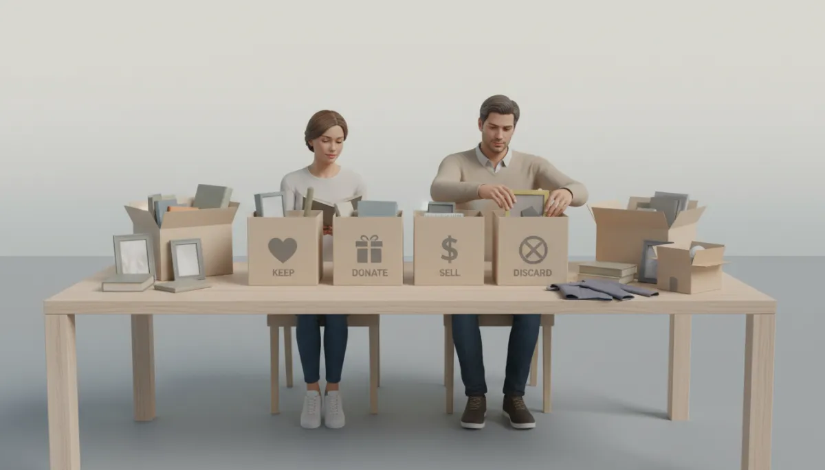 Family members sorting inherited belongings into labeled boxes around a table Family members sorting inherited belongings into labeled boxes around a table