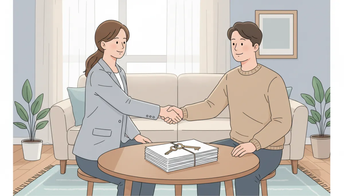 Homeowner completing an as-is home sale with a real estate investor Homeowner completing an as-is home sale with a real estate investor