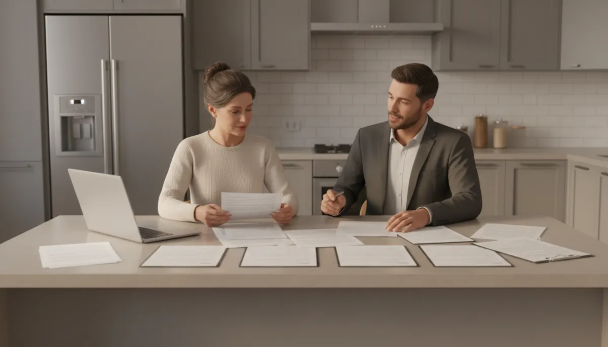 Homeowner and real estate agent reviewing home sale paperwork at a kitchen table Homeowner and real estate agent reviewing home sale paperwork at a kitchen table