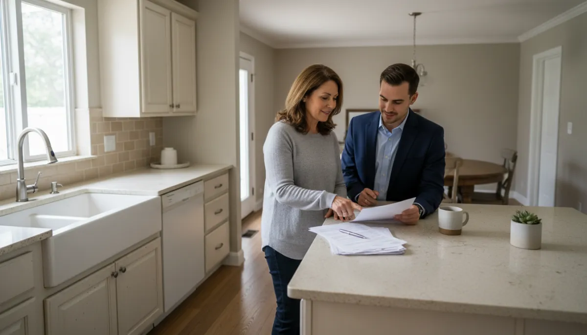 Homeowner and real estate professional reviewing as-is sale paperwork in a kitchen Homeowner and real estate professional reviewing as-is sale paperwork in a kitchen