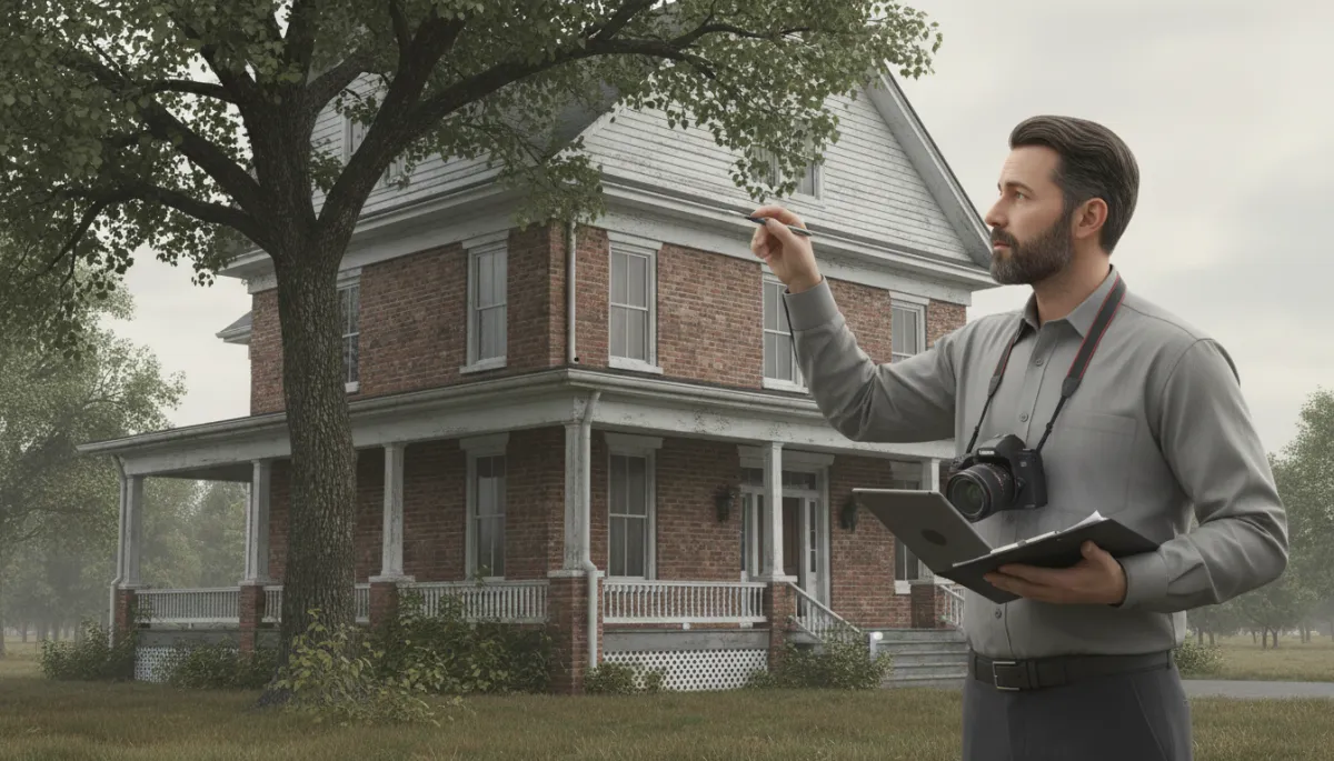 Home inspector evaluating the exterior condition of an older Missouri house Home inspector evaluating the exterior condition of an older Missouri house