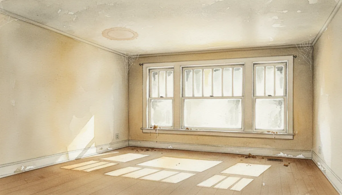 Unfurnished vacant living room with early signs of water damage Unfurnished vacant living room with early signs of water damage
