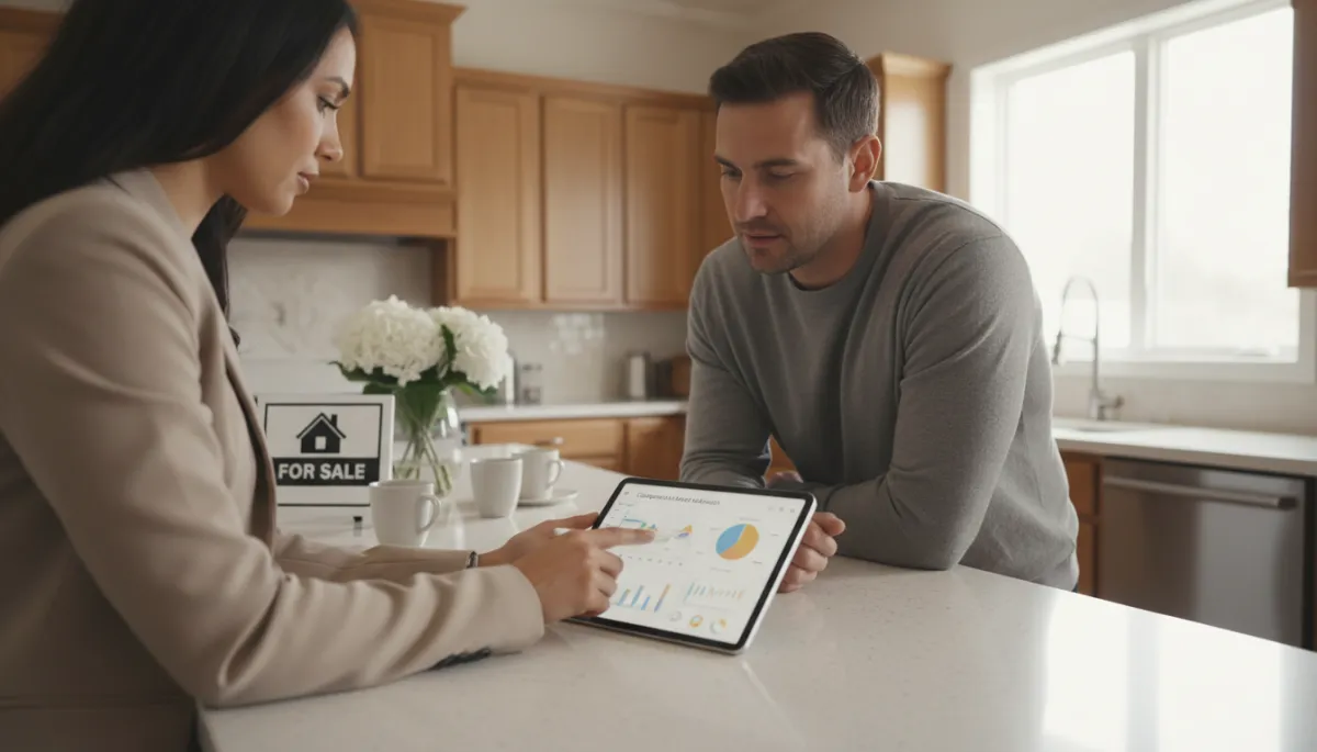 Homeowner and real estate agent reviewing home value and sale options Homeowner and real estate agent reviewing home value and sale options