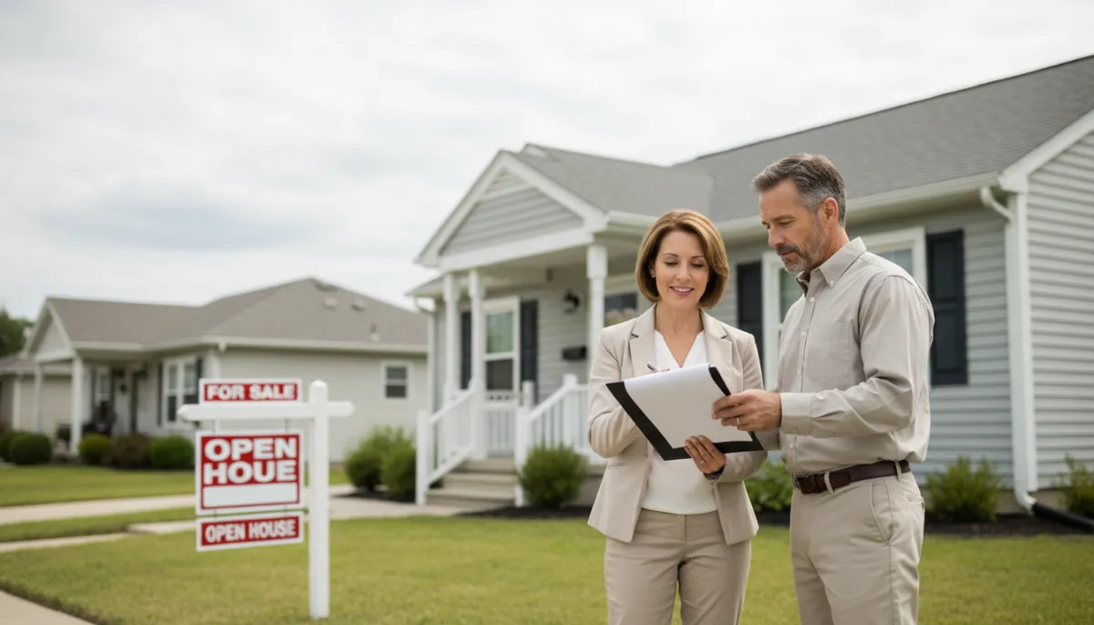 Homeowner and real estate agent reviewing documents in front of a house for sale before foreclosure Homeowner and real estate agent reviewing documents in front of a house for sale before foreclosure