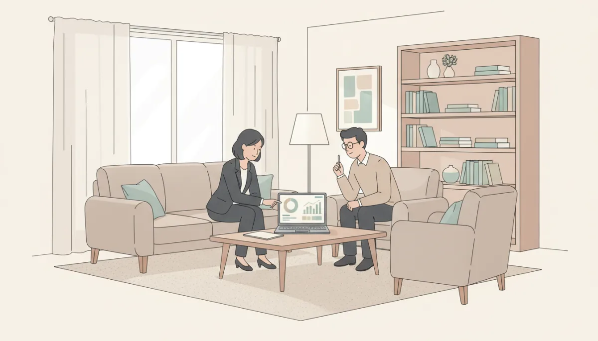 Real estate agent and homeowner discussing pricing strategy for a dated home Real estate agent and homeowner discussing pricing strategy for a dated home