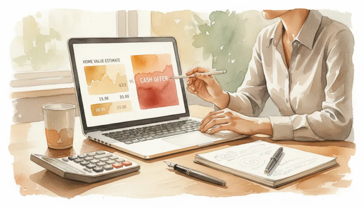 Real estate professional comparing an as-is cash offer to market value on a laptop Real estate professional comparing an as-is cash offer to market value on a laptop