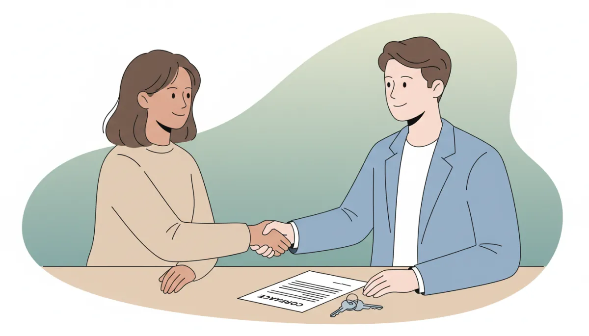 professional neutral-toned photo of a calm homeowner shaking hands with a real estate professional across a desk, signed contract and house keys on the table, soft natural light, composed and optimistic mood professional neutral-toned photo of a calm homeowner shaking hands with a real estate professional across a desk, signed contract and house keys on the table, soft natural light, composed and optimistic mood