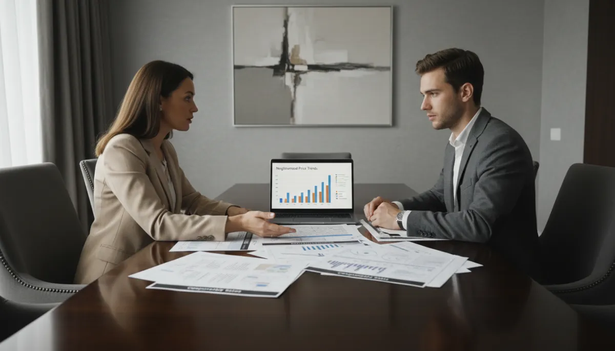 Heir and real estate agent reviewing comparable home sales data Heir and real estate agent reviewing comparable home sales data