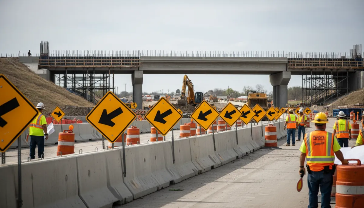 Highway work zone with lane shifts, barriers, and crews working near a new overpass