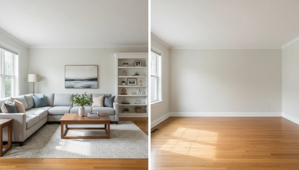 Side-by-side comparison of staged versus empty living room