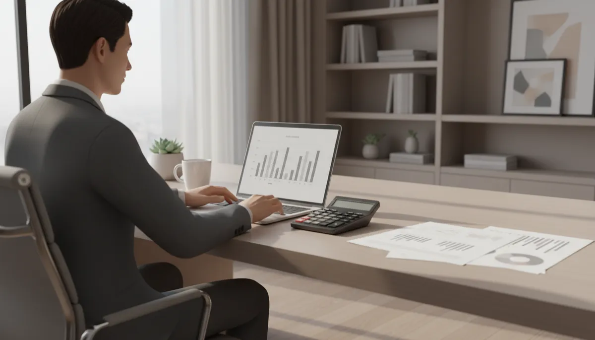 Homeowner calculating potential net proceeds from a home sale at a tidy desk Homeowner calculating potential net proceeds from a home sale at a tidy desk
