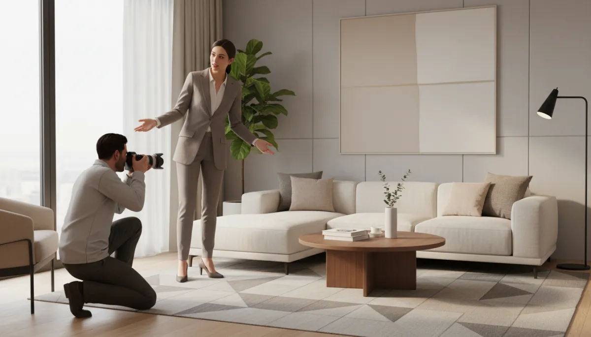 Real estate agent overseeing professional photography in a staged living room Real estate agent overseeing professional photography in a staged living room