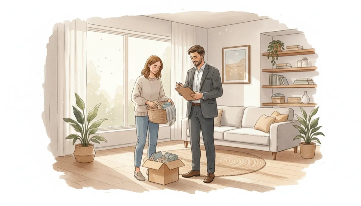 Homeowner decluttering living room while real estate agent reviews a preparation checklist