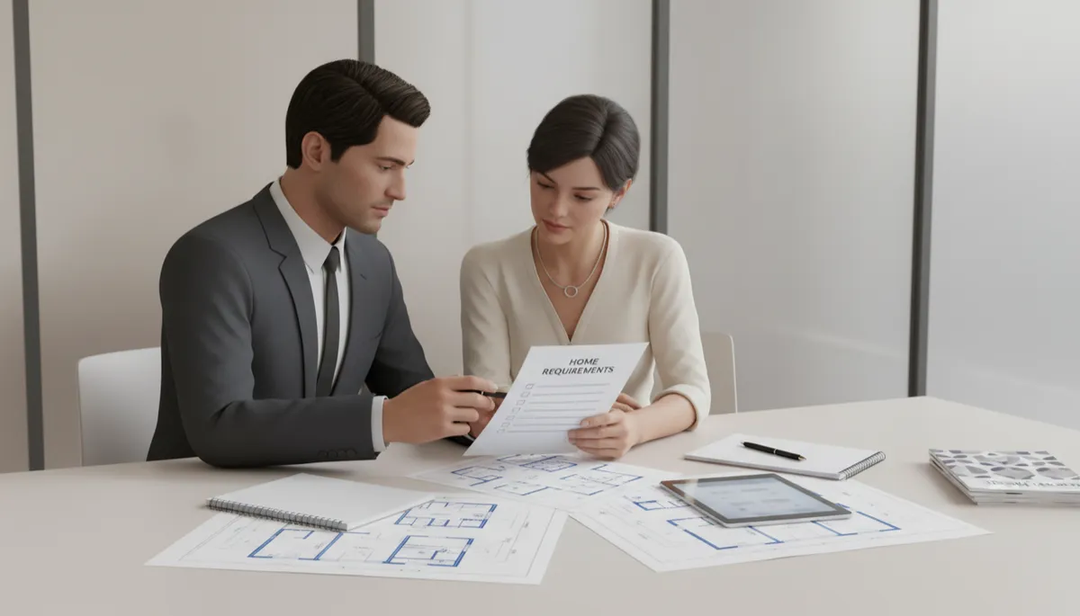 Agent and homebuyer reviewing a checklist of home requirements Agent and homebuyer reviewing a checklist of home requirements