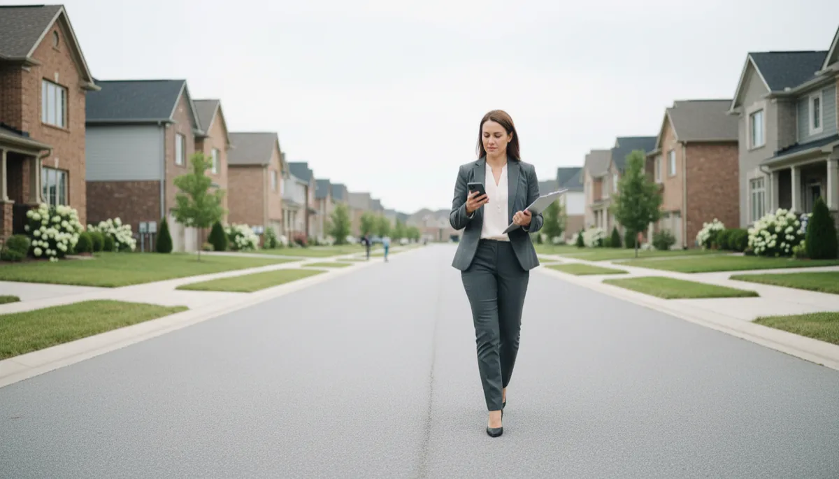 Real estate agent exploring a residential neighborhood to uncover potential homes Real estate agent exploring a residential neighborhood to uncover potential homes