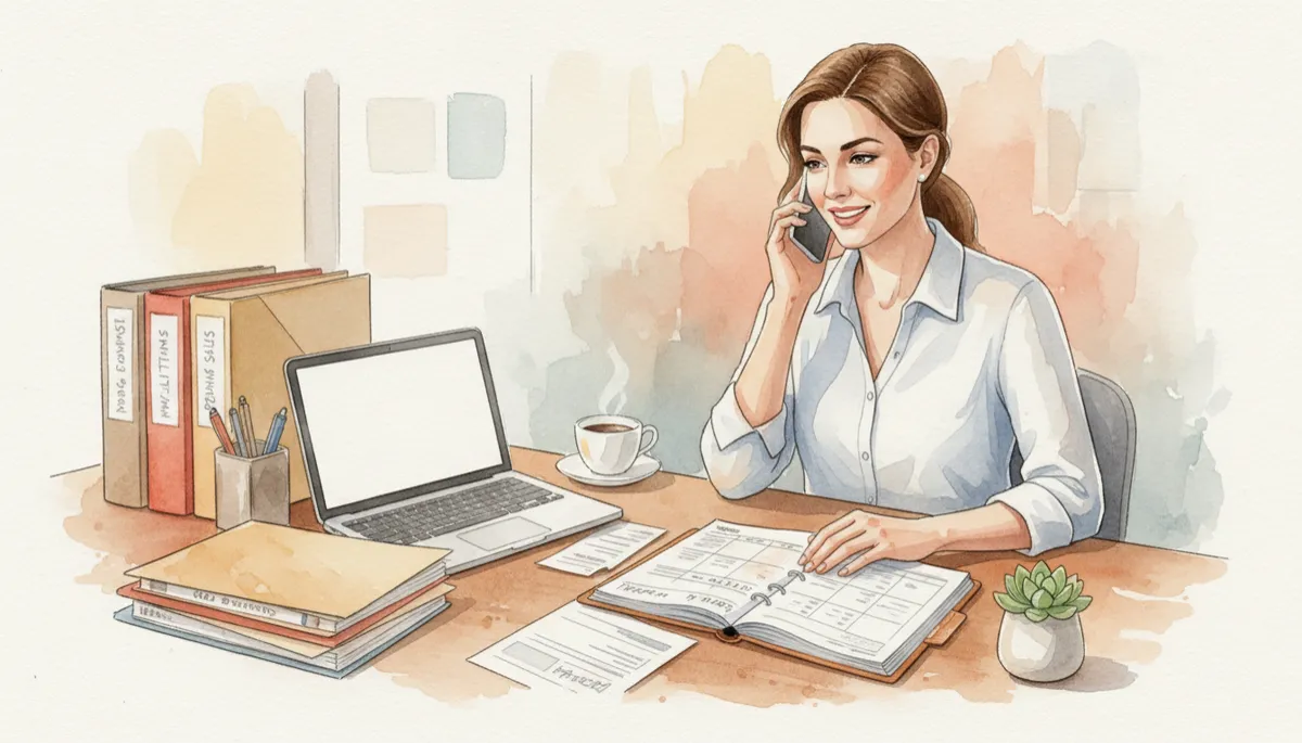 Real estate agent coordinating with lenders, inspectors, and title company using organized paperwork and calendar Real estate agent coordinating with lenders, inspectors, and title company using organized paperwork and calendar