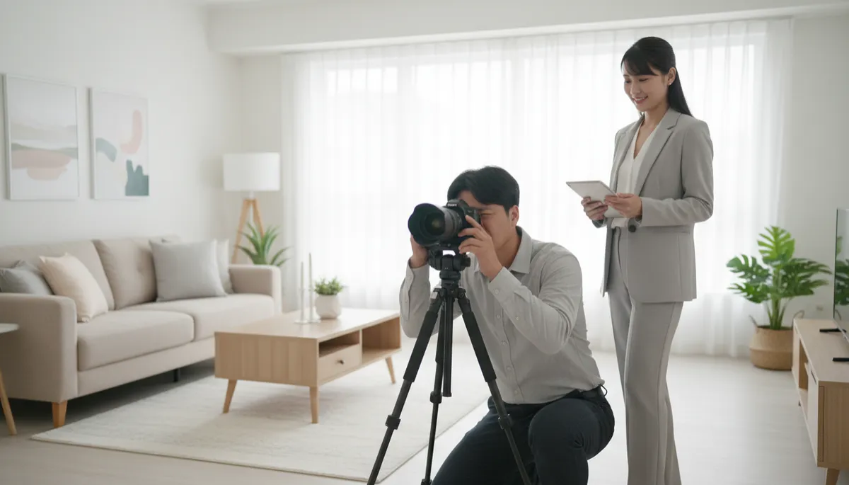 Photographer capturing professional listing photos of a staged living room Photographer capturing professional listing photos of a staged living room