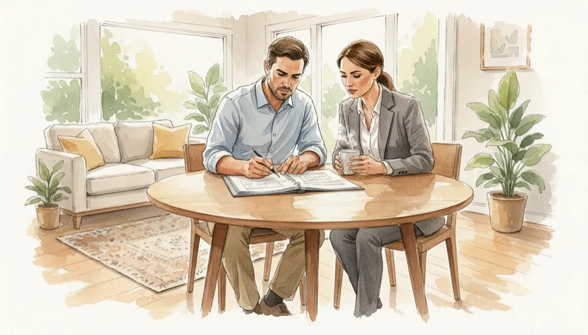Real estate agent and home inspector reviewing an inspection report together Real estate agent and home inspector reviewing an inspection report together