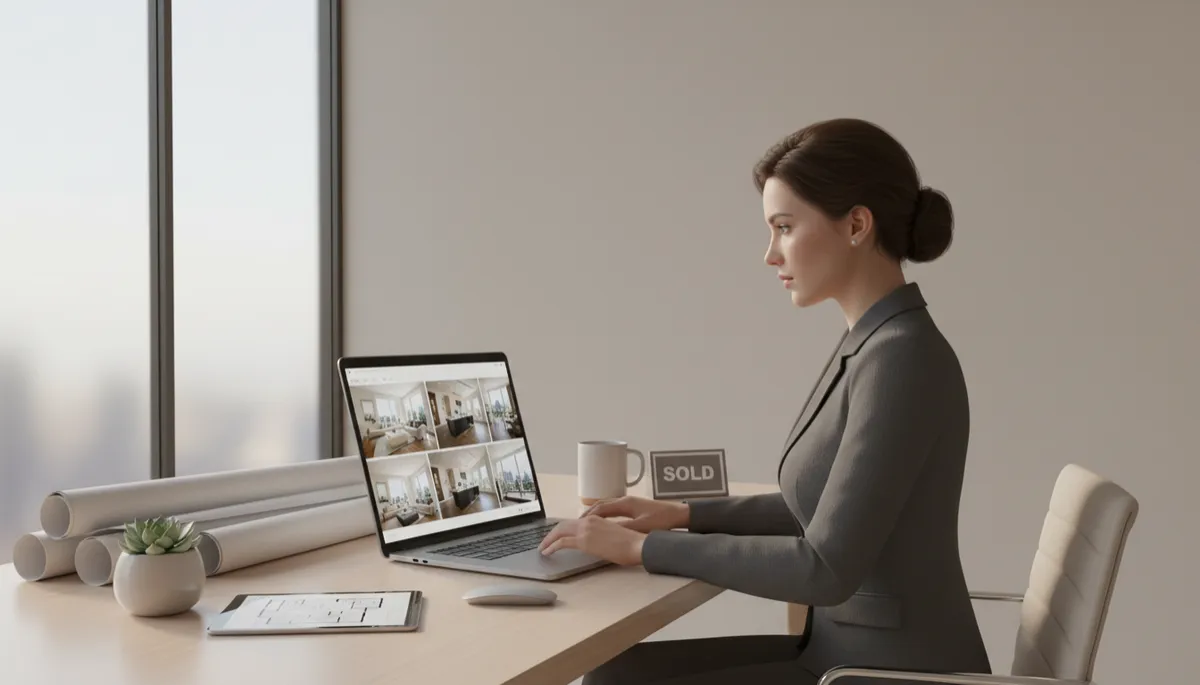 Agent preparing a polished online property listing on a laptop Agent preparing a polished online property listing on a laptop